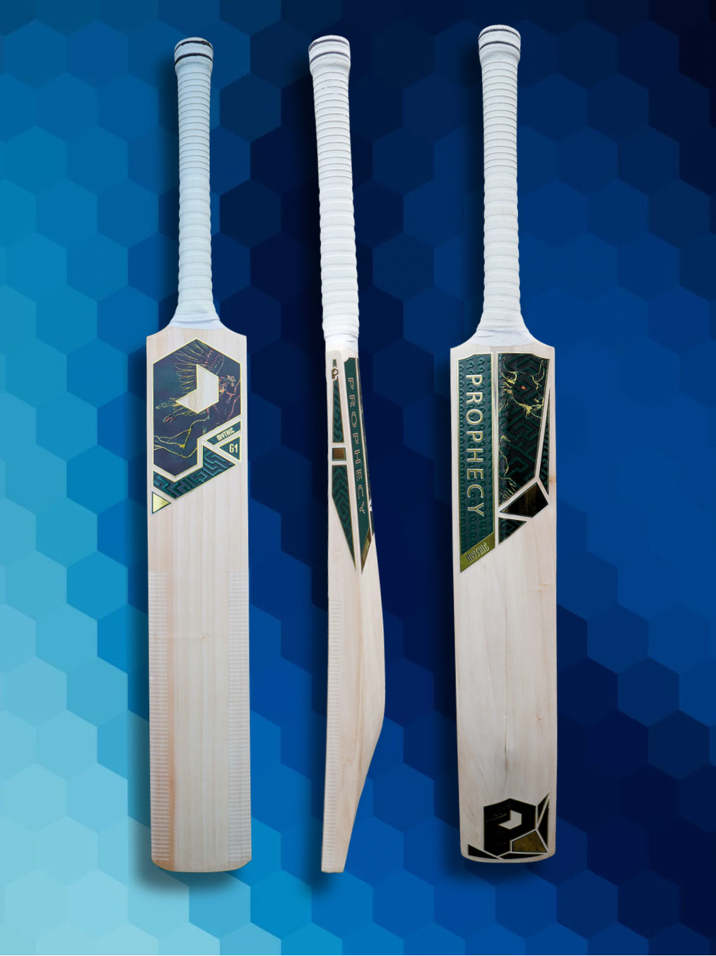 Three cricket bats with 'Prophecy' branding on a blue geometric patterned background